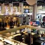 HelsinkiI, Finland – MARCH 16, 2019: GOEXPO Winter 2019 fair in the Messukeskus. Spacious hall of ExpoCentre with winter sport equipment shops. All for active lifestyle and outdoor activities.