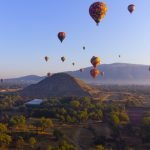 Sunrise on hot air balloon over the Teotihuacan pyramids